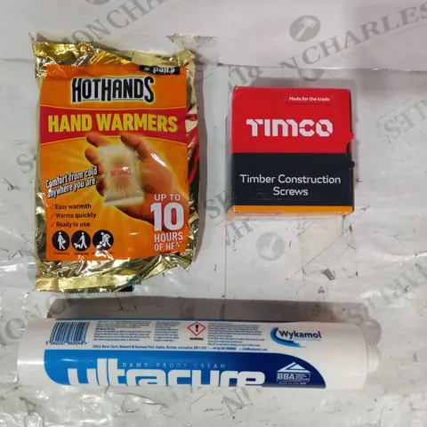 BOX OF APPROXIMATELY 15 ASSORTED HOUSEHOLD ITEMS TO INCLUDE TIMCO TIMBER CONSTRUCTION SCREWS, ULTRACURE DAMP-PROOF CREAM, HOTHANDS HAND WARMERS, ETC