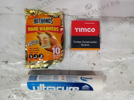 BOX OF APPROXIMATELY 15 ASSORTED HOUSEHOLD ITEMS TO INCLUDE TIMCO TIMBER CONSTRUCTION SCREWS, ULTRACURE DAMP-PROOF CREAM, HOTHANDS HAND WARMERS, ETC