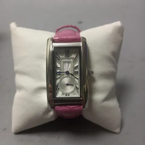 STOCKWELL STAINLESS STEEL RECTANGULAR LADIES WATCH WITH PINK LEATHER STRAP IN WOODEN GIFT BOX