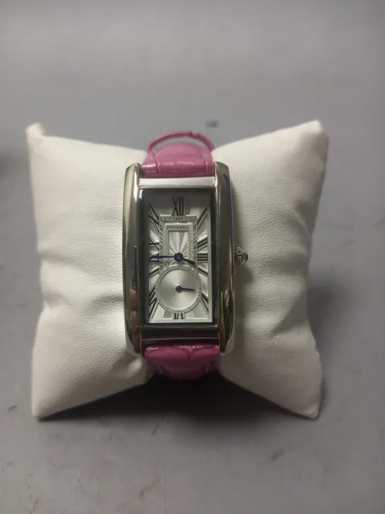 STOCKWELL STAINLESS STEEL RECTANGULAR LADIES WATCH WITH PINK LEATHER STRAP IN WOODEN GIFT BOX