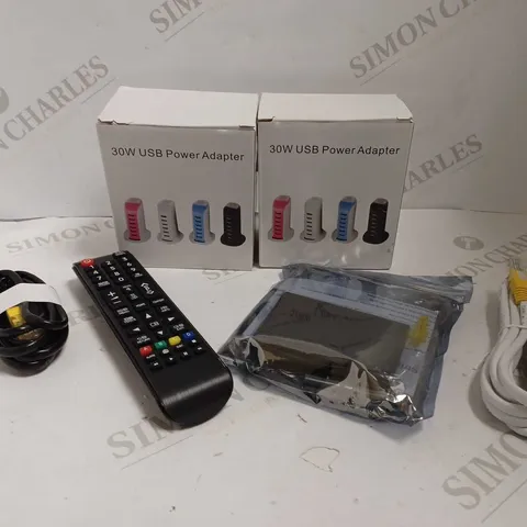 BOX OF APPROX 10 ITEMS TO INCLUDE USB POWER ADAPTER, ASSORTED CABLES AND TABLET CASE