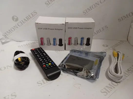 BOX OF APPROX 10 ITEMS TO INCLUDE USB POWER ADAPTER, ASSORTED CABLES AND TABLET CASE