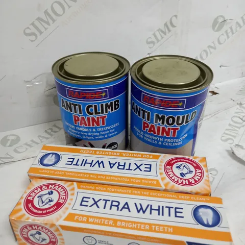 BOX OF APPROXIMATELY 30 ASSORTED ITEMS TO INCLUDE EXTRA WHITE TOOTHPASTE & ANTI MOULD PAINT
