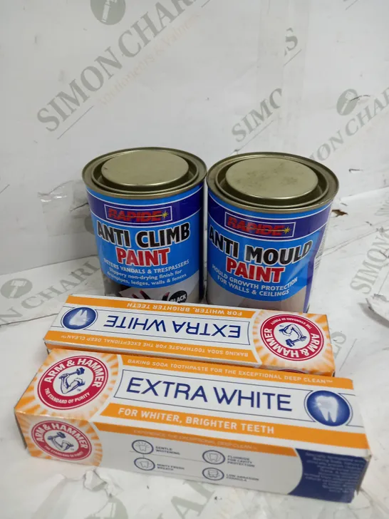 BOX OF APPROXIMATELY 30 ASSORTED ITEMS TO INCLUDE EXTRA WHITE TOOTHPASTE & ANTI MOULD PAINT