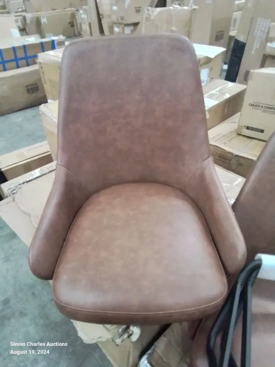 BOXED PAIR OF BROWN FAUX LEATHER DINING CHAIRS (ONLY ONE SET OF LEGS)