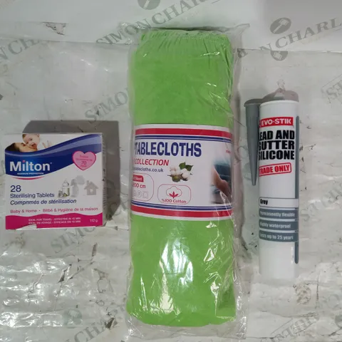 BOX OF APPROXIMATELY 15 ASSORTED HOUSEHOLD ITEMS TO INCLUDE EVO-STIK LEAD AND GUTTER SILICONE, TOP TABLE CLOTHS, MILTON STERILISING TABLETS, ETC