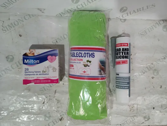 BOX OF APPROXIMATELY 15 ASSORTED HOUSEHOLD ITEMS TO INCLUDE EVO-STIK LEAD AND GUTTER SILICONE, TOP TABLE CLOTHS, MILTON STERILISING TABLETS, ETC