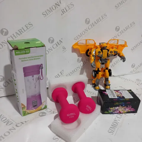 BOX OF APPROXIMATELY 5 ASSORTED ITEMS TO INCLUDE 1KG DUMBBELL SET, BUMBLEBEE ACTION FIGURE, KEYBOARD ETC 