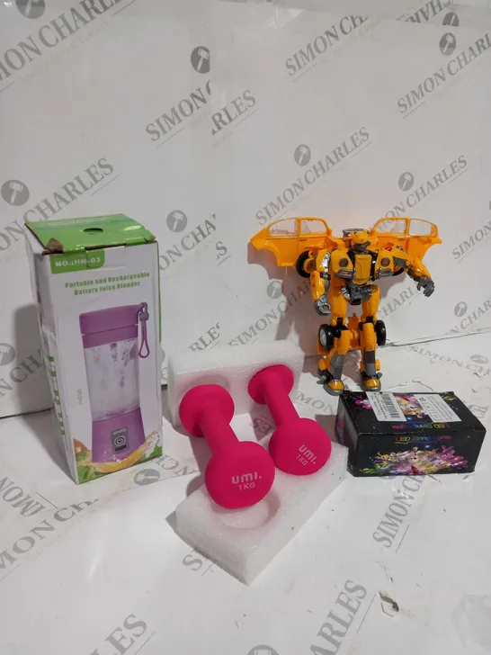 BOX OF APPROXIMATELY 5 ASSORTED ITEMS TO INCLUDE 1KG DUMBBELL SET, BUMBLEBEE ACTION FIGURE, KEYBOARD ETC 