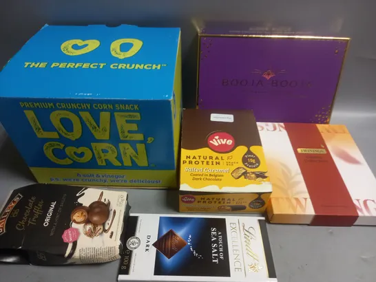 LOT OF 6 ASSORTED FOOD ITEMS TO INCLUDE LOVE CORN AND VIVE PROTEIN BAR MULTI PACKS AND TWININGS COLLECTION