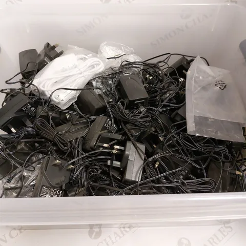 BOX OF APPROX 50 ASSORTED POWER CABLES FOR VARIOUS ITEMS