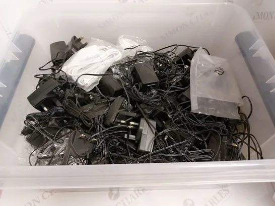 BOX OF APPROX 50 ASSORTED POWER CABLES FOR VARIOUS ITEMS