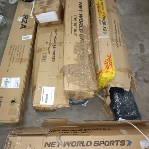 LOT OF 8 ASSORTED SPORTING AND TRAINING PARTS TO INCLUDE STOP THAT BALL NETS AND FORZA 16 X 7FT GOAL