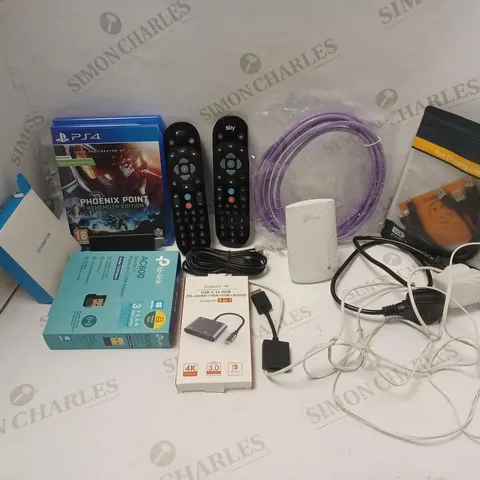 BOX OF ASSORTED ELECTRICALS & ELECTRICAL CABLES OF VARIOUS TYPES TO INCLUDE ADSL CABLE, SKY Q REMOTES, PHOENIX POINT BEHEMOTH EDITION (PS4), ETC