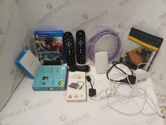 BOX OF ASSORTED ELECTRICALS & ELECTRICAL CABLES OF VARIOUS TYPES TO INCLUDE ADSL CABLE, SKY Q REMOTES, PHOENIX POINT BEHEMOTH EDITION (PS4), ETC