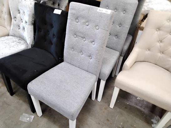 4 DESIGNER LIGHT GREY FABRIC CHAIR WITH BUTTONS AND WHITE LEGS