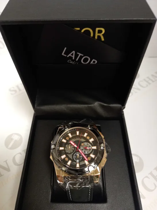 LATOR CALIBRE BLACK DIAL CHRONOGRAPH STYLE LEATHER STRAP WATCH RRP £635