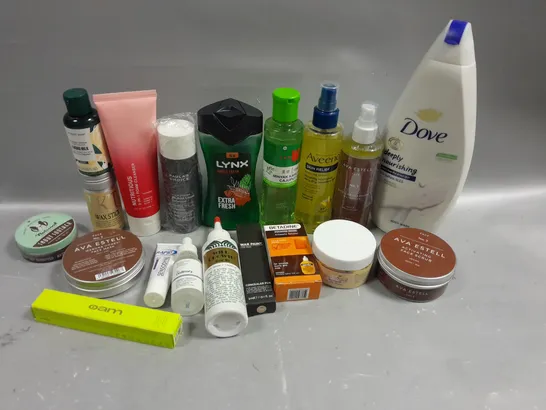 BOX OF APPROXIMATELY 15 COSMETIC ITEMS TO INCLUDE DOVE BODY WASH, AVEENO OIL SPRAY, LYNX BODY WASH, ETC 