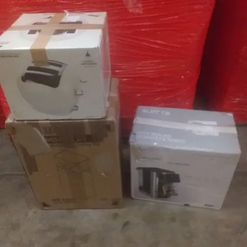 PALLET OF ASSORTED ITEMS INCLUDING TOASTER, MOTION RECYCLING BIN, WATER DISPENSER