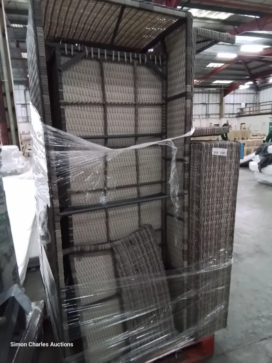 PALLET OF ASSORTED GREY RATTAN GARDEN FURNITURE PARTS INCLUDING FOOTSTOOLS, SOFA SECTIONS. 