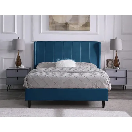 BOXED EREN UPHOLSTERED BED FRAME IN BLUE VELVET // SIZE: UNSPECIFIED (3 BOXES)