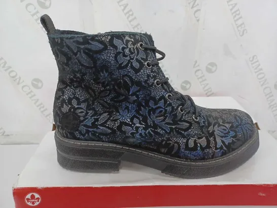 BOXED PAIR OF RIEKER LACE UP BOOTS IN DARK FLORAL SIZE 41