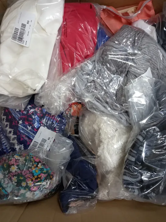 LARGE BOX OF APPROXIMATELY 40 CLOTHING ITEMS ALL IN DIFFRENT COLOURS AND SIZES 