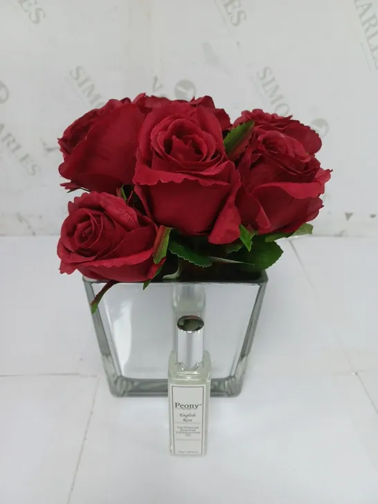 BOXED OUTLET PEONY RED ROSES IN A SMALL MIRROR GIFT BAG AND 25ML FRAGRANCE