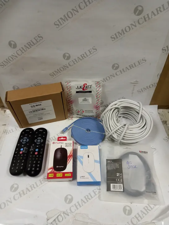 BOX OF APPROXIMATELY 20 ASSORTED ELECTRICAL ITEMS TO INCLUDE ETHERNET CABLES, SKY REMOTES, OPTICAL MICE ETC 