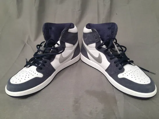 PAIR OF NIKE AIR JORDAN SHOES IN NAVY/WHITE/SILVER UK SIZE 9