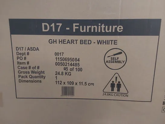 BRAND NEW BOXED 3FT SINGLE GH HEART BED - WHITE (1 BOX)