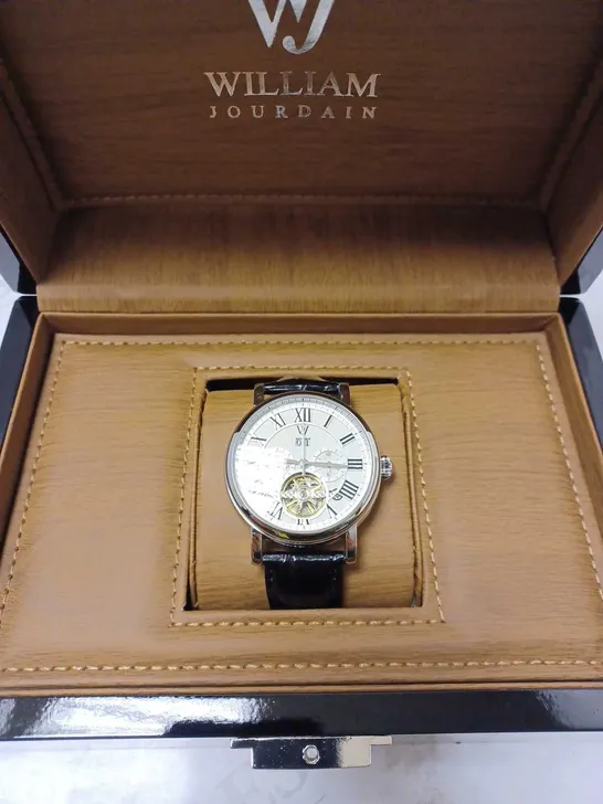 WILLIAM JOURDAIN PART SKELETON WAVE DIAL BLACK LEATHER STRAP WATCH