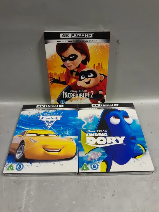 3 X ASSORTED SEALED DISNEY 4K ULTRA HD BLU-RAYS TO INCLUDE INCREDIBLES 2, CARS 3, FINDING DORY ETC 