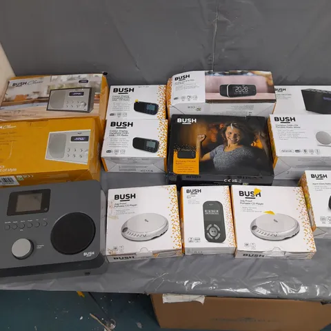 BOX OF APPROXIMATELY 10 ASSORTED AUDIO ITEMS BY BUSH TO INCLUDE PORTABLE CD PLAYER, DAB FM RADIO, ALARM CLOCK RADIO ETC. 