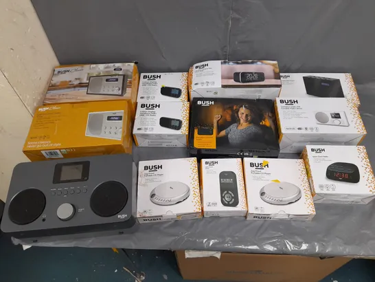 BOX OF APPROXIMATELY 10 ASSORTED AUDIO ITEMS BY BUSH TO INCLUDE PORTABLE CD PLAYER, DAB FM RADIO, ALARM CLOCK RADIO ETC. 