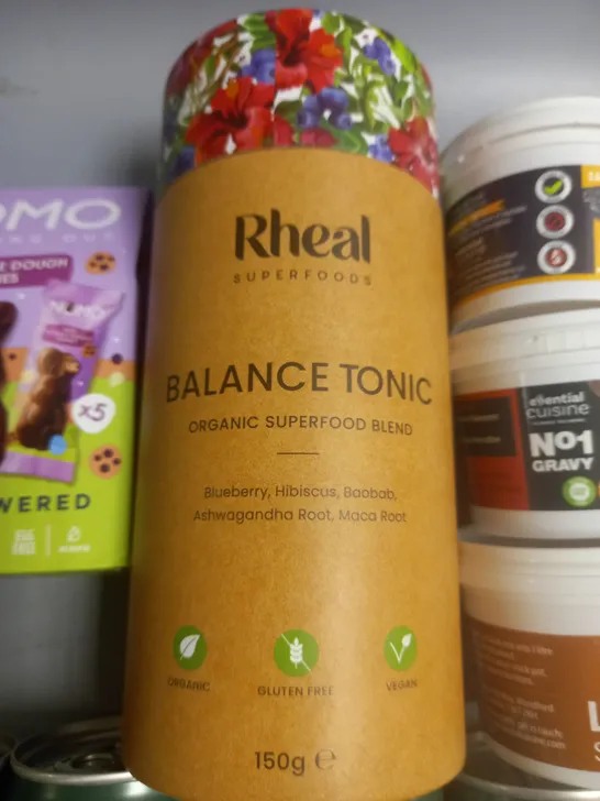 LOT OF 25 ASSORTED FOOD AND DRINK ITEMS TO INCLUDE TENSING POWER SHOTS, VARIOUS STOCKS AND RHEAL BALANCE TONIC