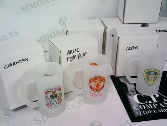 ASSORTMENT OF 12 PERSONALISED FOOTBALL GLASSES FROM C.P COMPANY INDIVIDUALLY BOXED AND BUBBLEWRAPPED