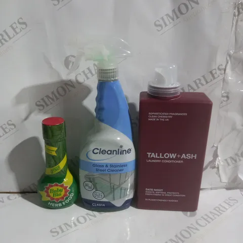 BOX OF 14 ASSORTED ITEMS TO INCLUDE - TALLOW + ASH - CLEANLINE GLASS & STEEL CLEANER - BABY BIO ECT