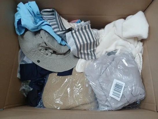 BOX OF APPROX. 50 ASSORTED CLOTHING VARYING IN SIZE/COLOUR/STYLE TO INCLUDE:  TOPS, TROUSERS, JUMPERS