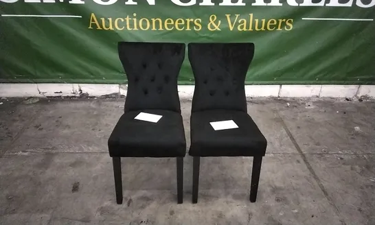 PAIR OF KENSINGTON BLACK VELVET BUTTON BACK DINING CHAIRS WITH BLACK LEGS