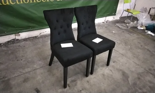 PAIR OF KENSINGTON BLACK VELVET BUTTON BACK DINING CHAIRS WITH BLACK LEGS