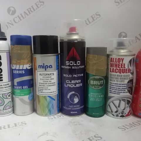 BOX OF APPROX 15 ASSORTED AEROSOLS TO INCLUDE GILLETTE SHAVE GEL, BRUT DEODORANT, ALLOY WHEEL LACQUER, ETC 