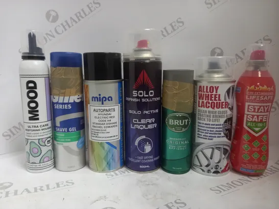 BOX OF APPROX 15 ASSORTED AEROSOLS TO INCLUDE GILLETTE SHAVE GEL, BRUT DEODORANT, ALLOY WHEEL LACQUER, ETC 