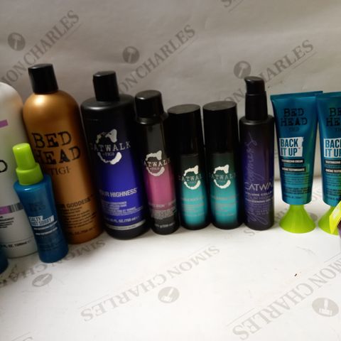 LOT OF APPROX 12 ASSORTED TIGI HAIRCARE PRODUCTS TO INCLUDE OIL INFUSED SHAMPOO, ELAVATING CONDITIONER, THICKENING CREAM, ETC