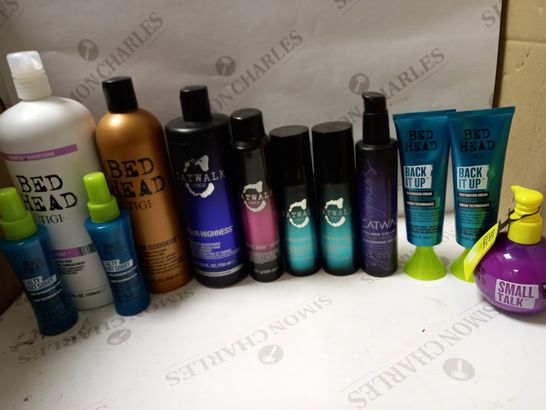 LOT OF APPROX 12 ASSORTED TIGI HAIRCARE PRODUCTS TO INCLUDE OIL INFUSED SHAMPOO, ELAVATING CONDITIONER, THICKENING CREAM, ETC