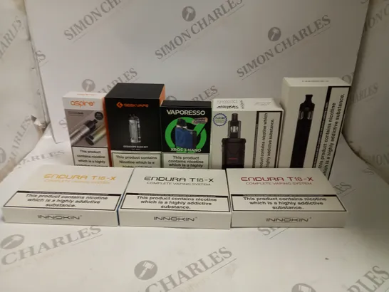 BOX OF APPROXIMATELY 20 ASSORTED VAPING KITS & ACCESSORIES IN VARIOUS BRANDS TO INCLUDE VAPORESSO, ASPIRE, INNOKIN ETC 	