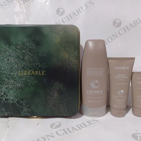 BOXED LIZ EARLE BODY WASH, SHAVE CREAM, AND MOISTURISER SET W. TIN