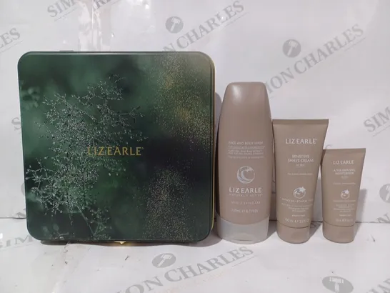 BOXED LIZ EARLE BODY WASH, SHAVE CREAM, AND MOISTURISER SET W. TIN