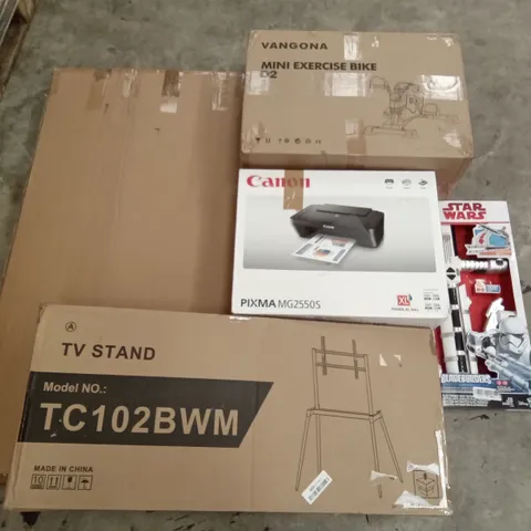 PALLET OF ASSORTED ITEMS INCLUDING VANGONA MINI EXERCISE BIKE, CANON PIXMA, TV STAND, FOOTBALL GOAL, IMMEK SCOOTER, FULL MOTION LONG ARM TV WALL MOUNT