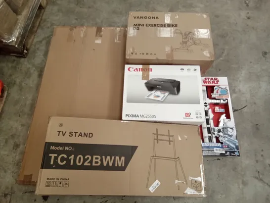 PALLET OF ASSORTED ITEMS INCLUDING VANGONA MINI EXERCISE BIKE, CANON PIXMA, TV STAND, FOOTBALL GOAL, IMMEK SCOOTER, FULL MOTION LONG ARM TV WALL MOUNT